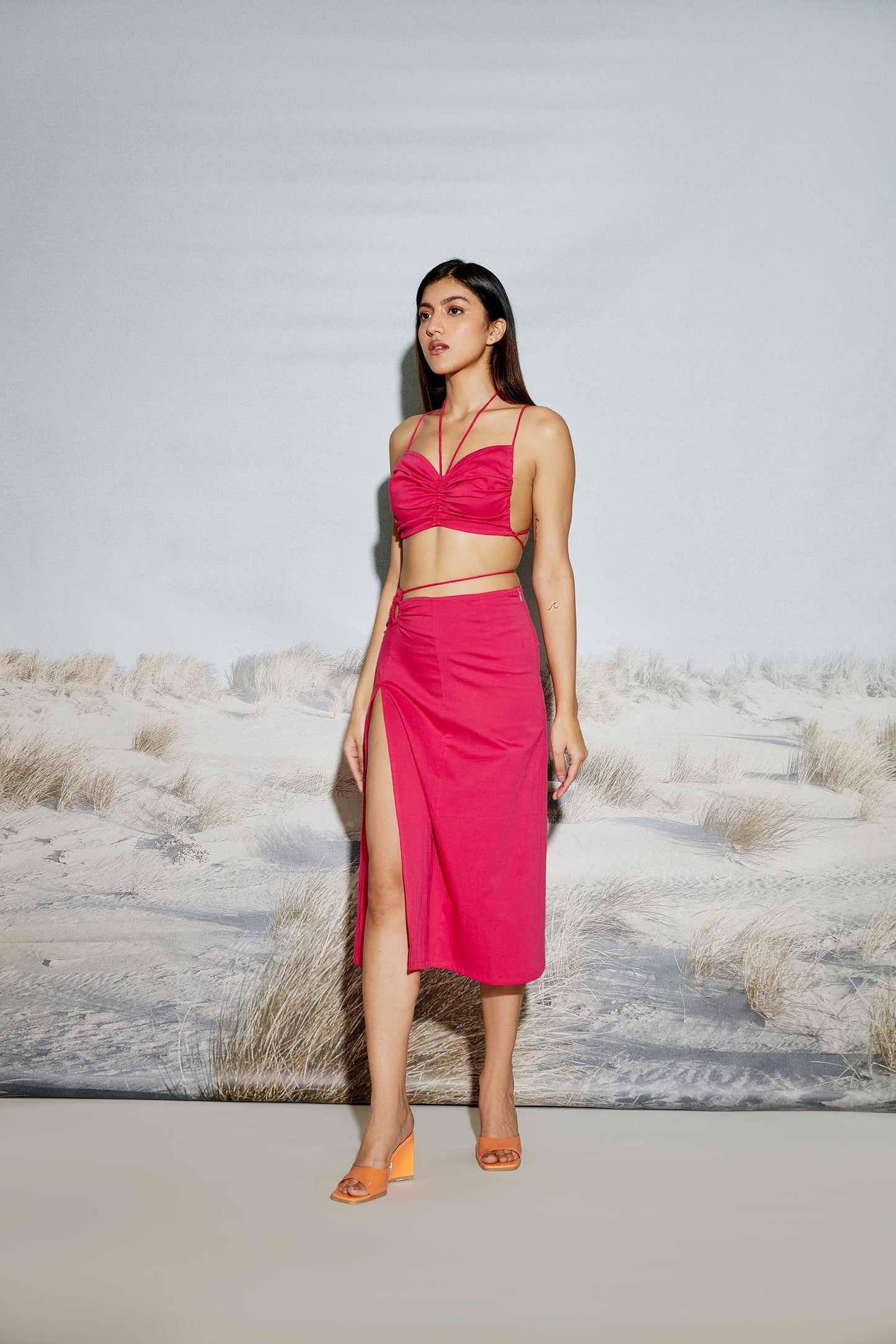 Gathered Crop Top with Drawstring Detail Pink