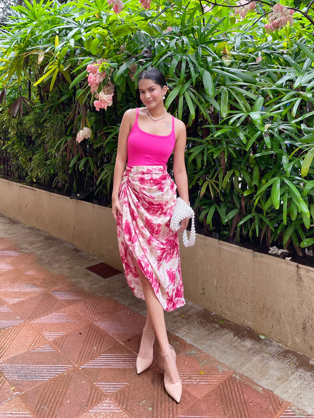 Gathered Midi Skirt with a slit Tie and Dye