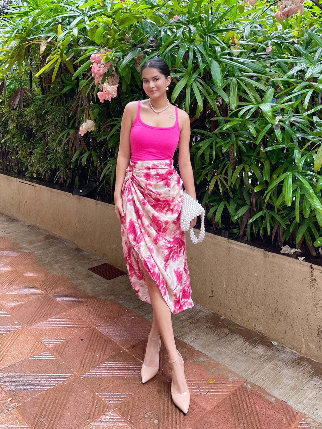 Gathered Midi Skirt with a slit Tie and Dye