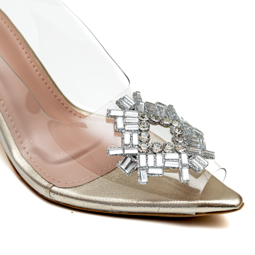 Rhinestone Diamond Broach Heels - Gold 