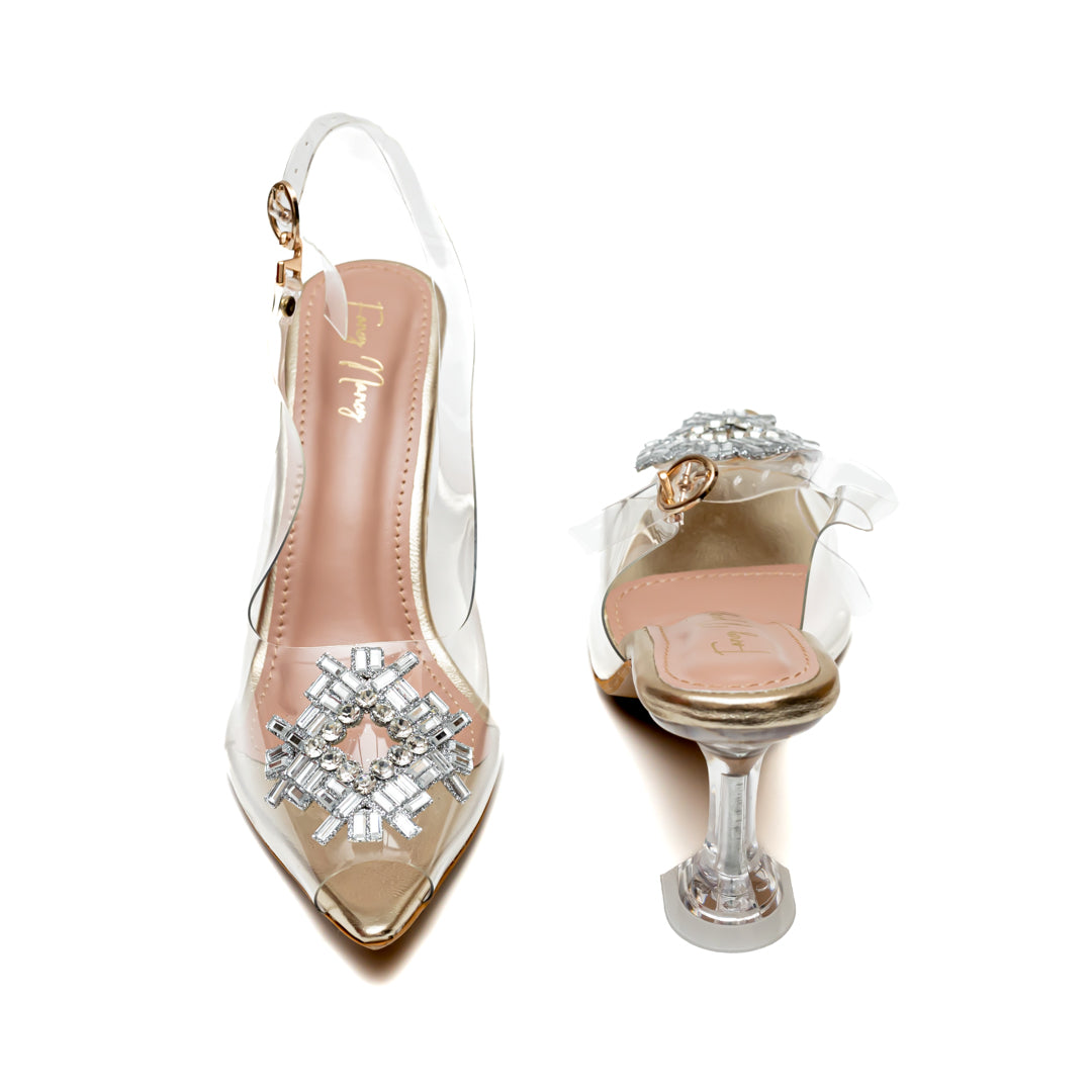 Rhinestone Diamond Broach Heels - Gold 