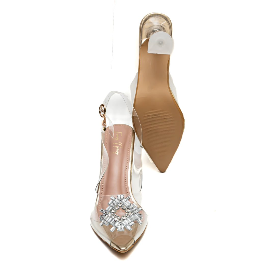 Rhinestone Diamond Broach Heels - Gold 