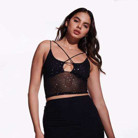 IZF Black Sequin Mesh Tank Top Black Polyester