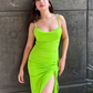 Cowl Neck Drawstring Bodycon Dress Neon Green