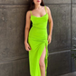 Cowl Neck Drawstring Bodycon Dress Neon Green