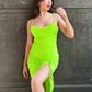 Cowl Neck Drawstring Bodycon Dress Neon Green