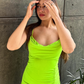 Cowl Neck Drawstring Bodycon Dress Neon Green