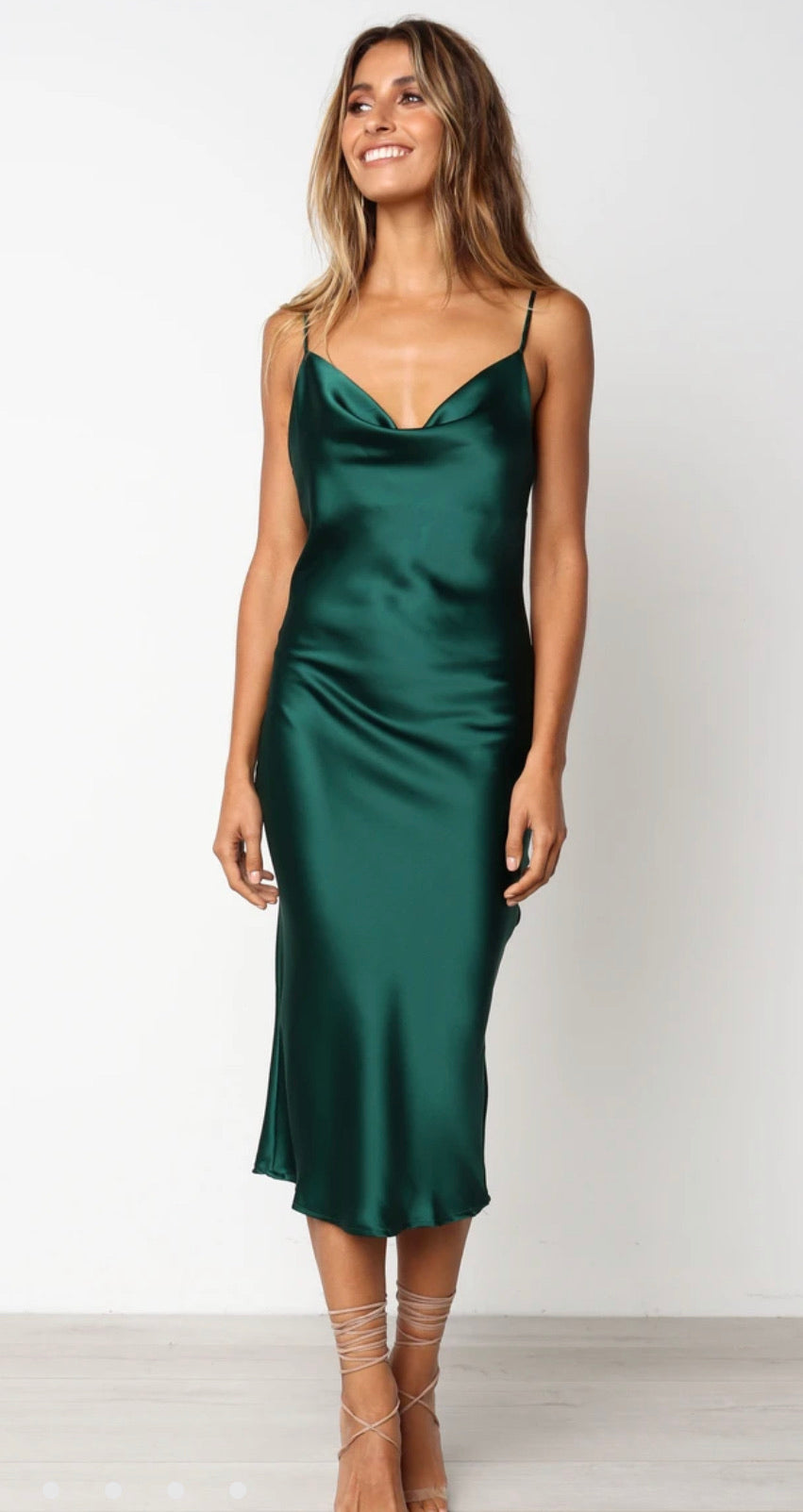 Jacqueline Satin Dress Dark Green Slit