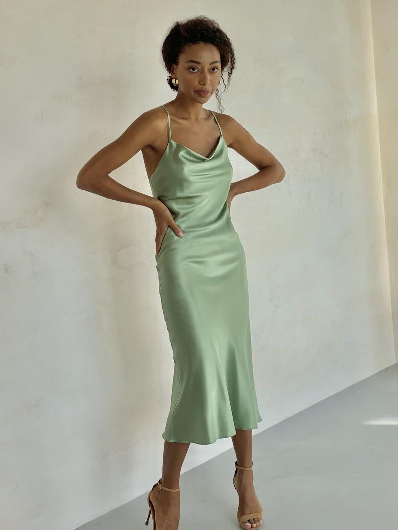 Jacqueline Satin Dress Sage Green Slit