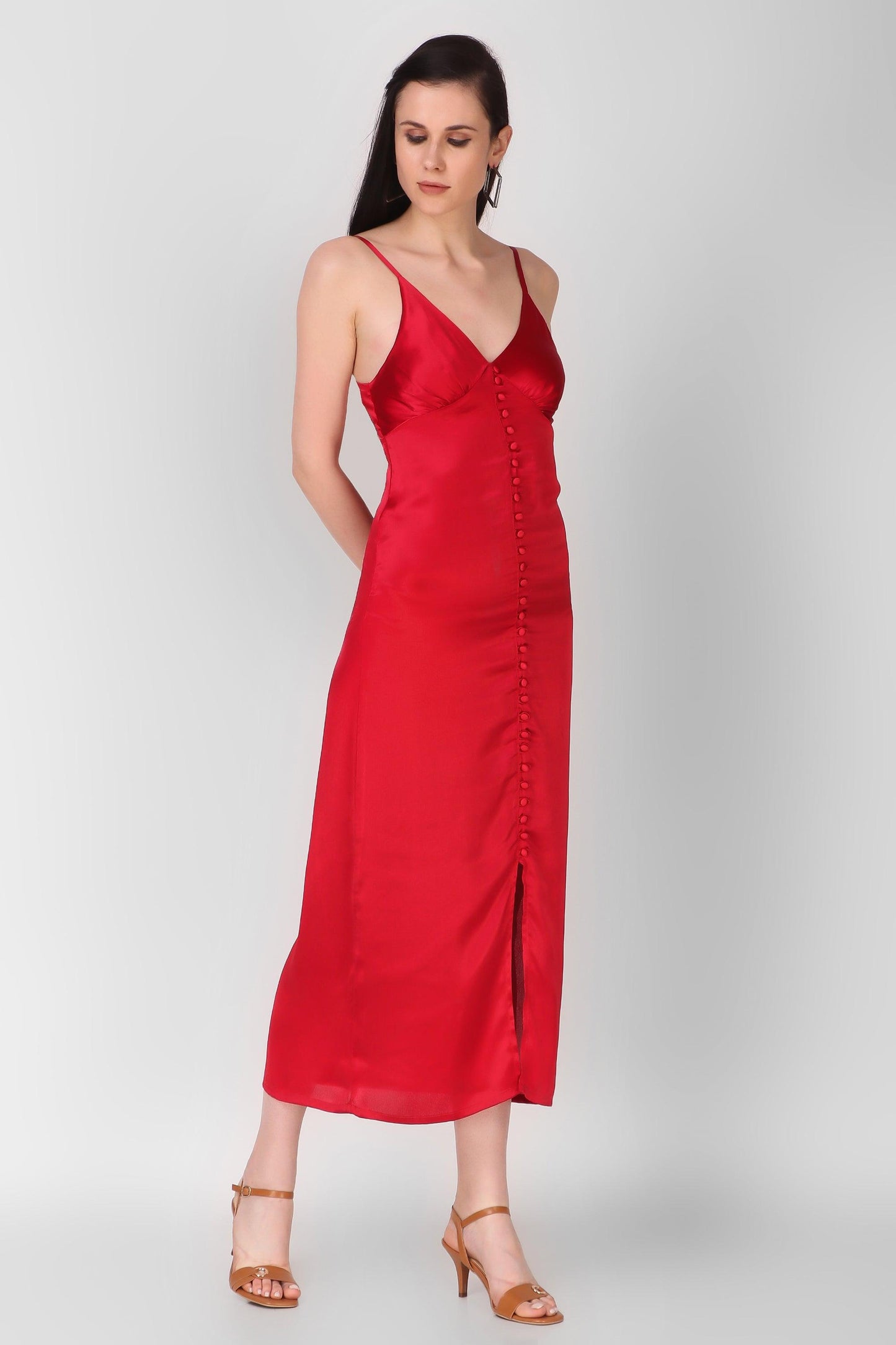 Buttoned Satin Dress - Red