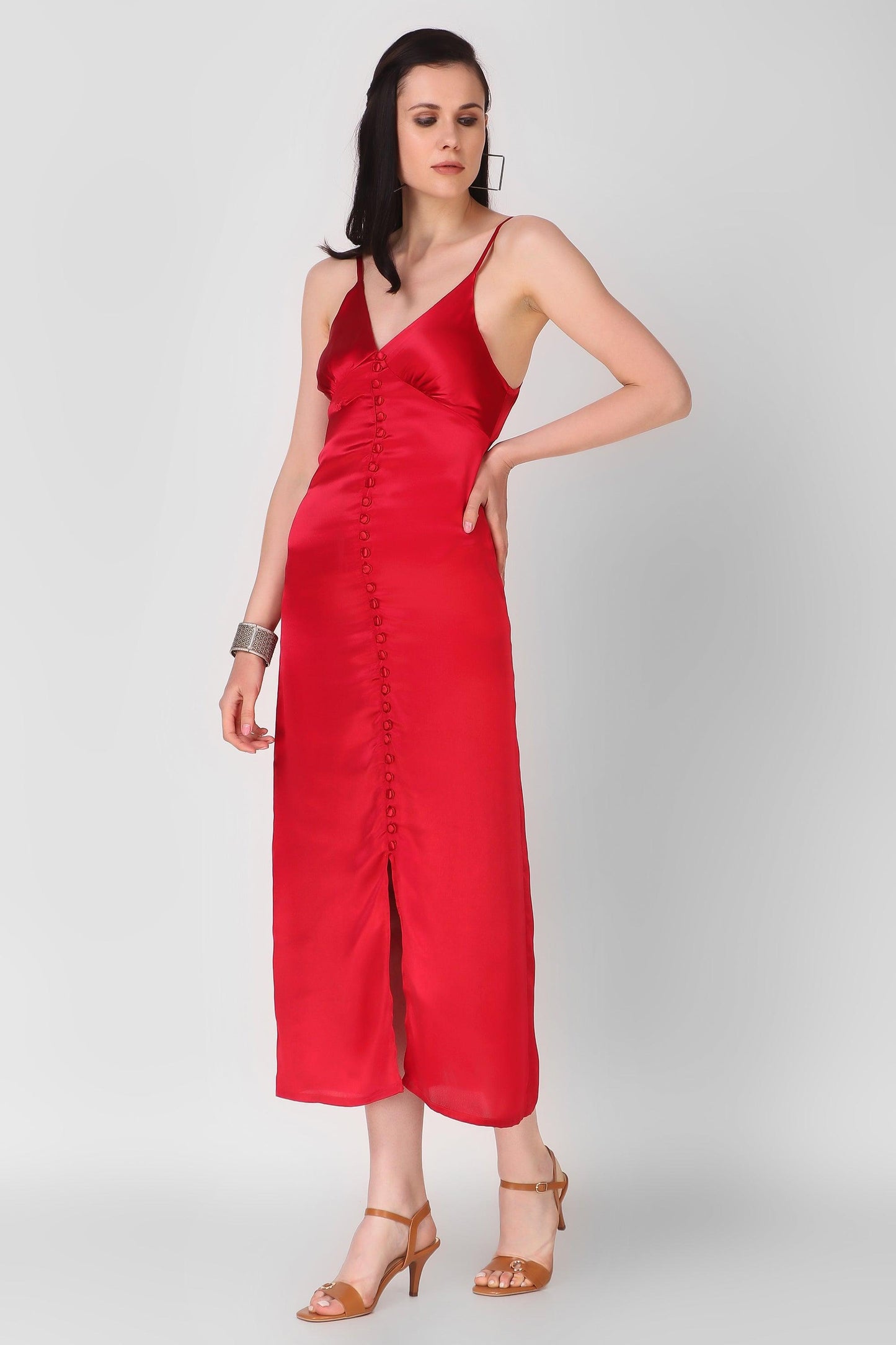 Buttoned Satin Dress - Red