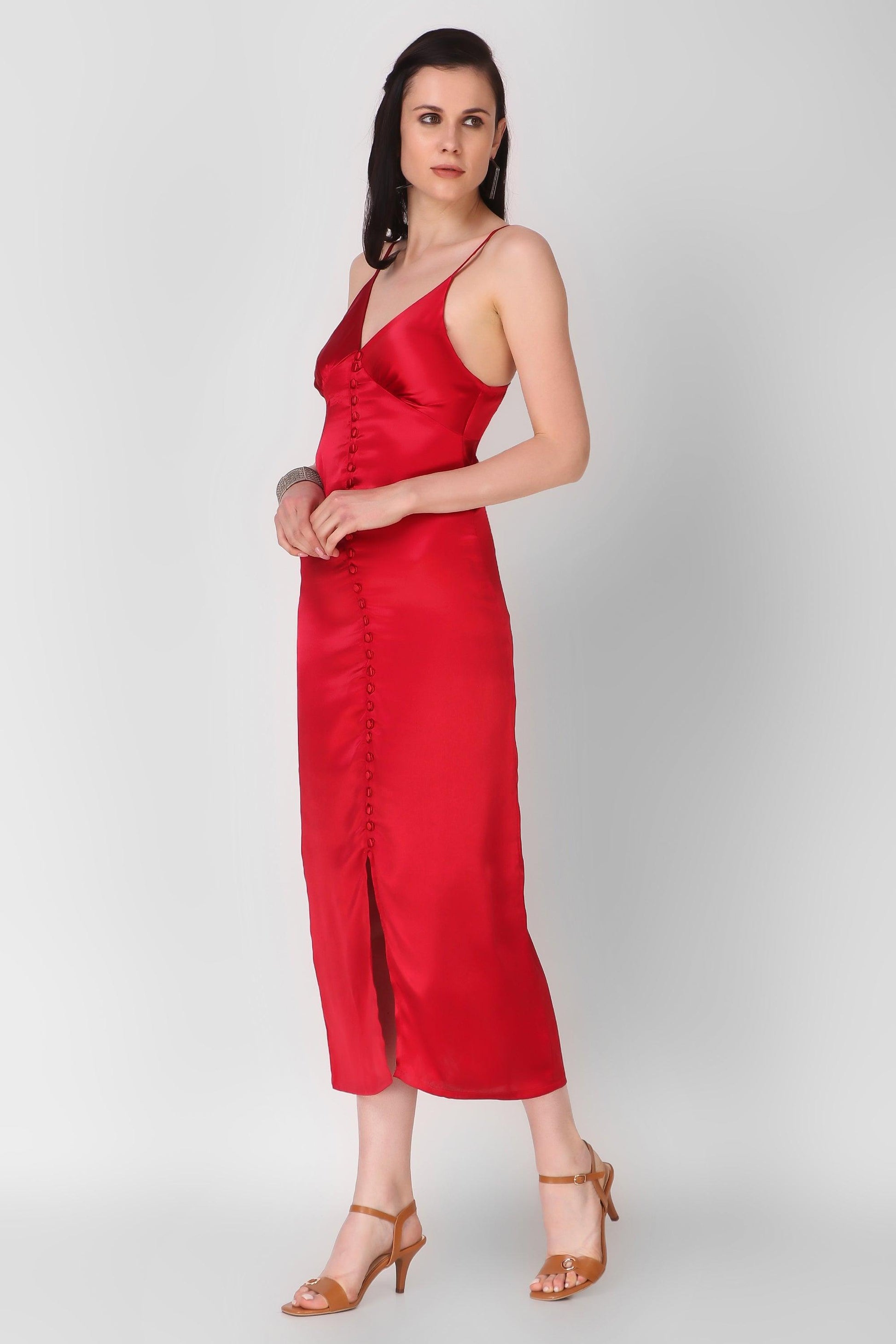 Buttoned Satin Dress - Red