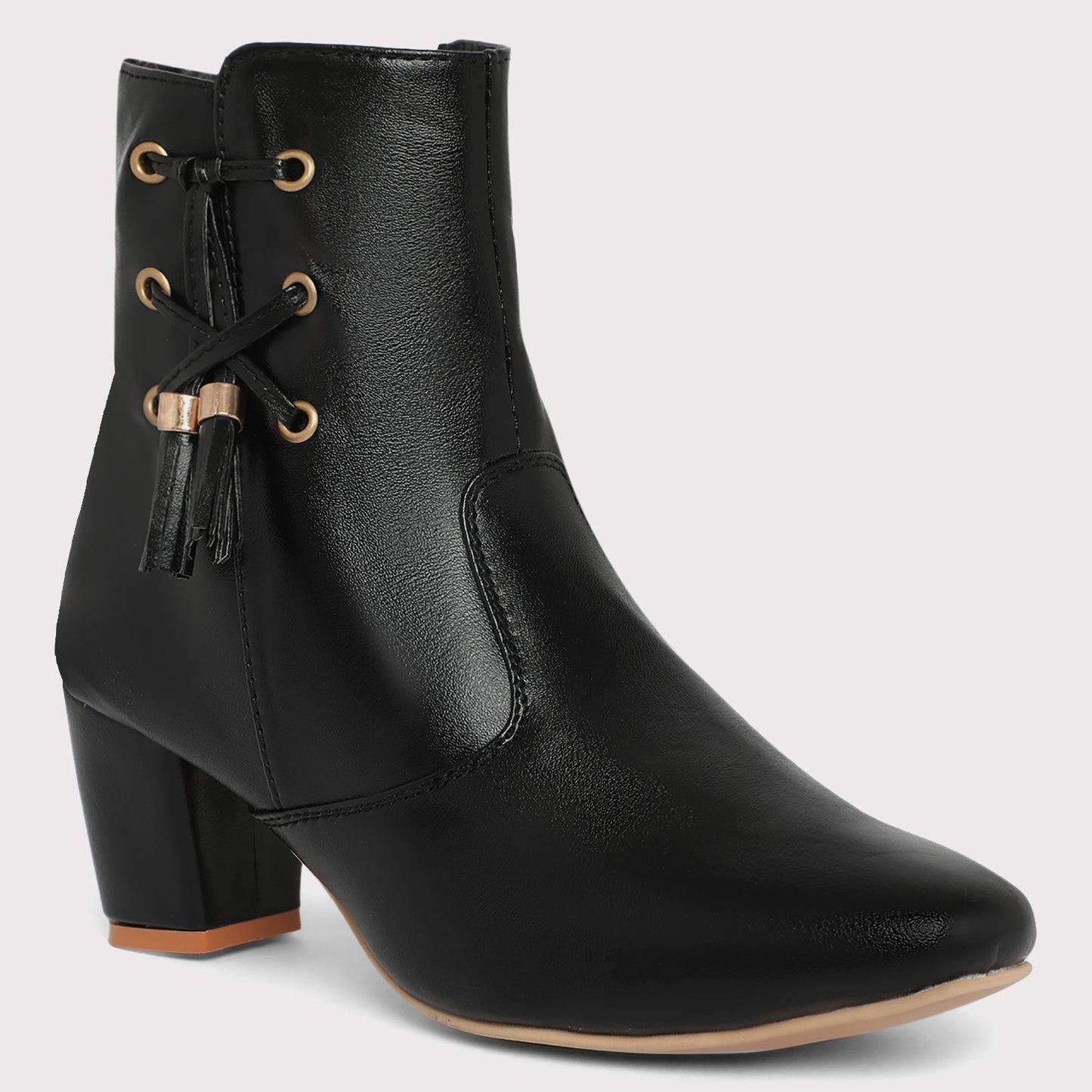 Block Heel Tassel Ankle Boots - Black 