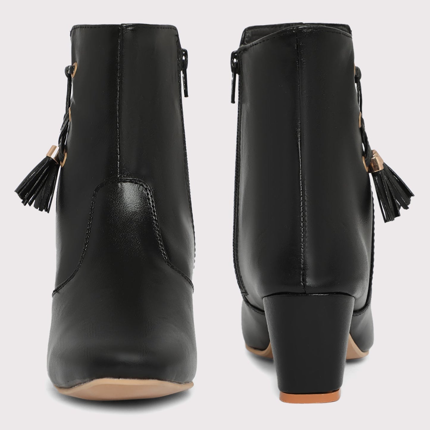 Block Heel Tassel Ankle Boots - Black 